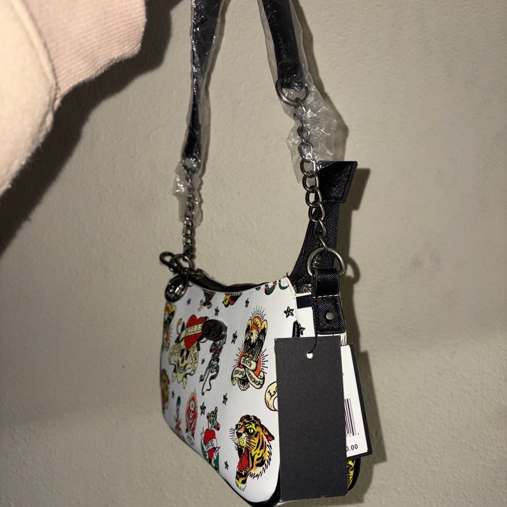 Ed Hardy White Shoulder Bag with Tattoo Graphics - Picture 3 of 7